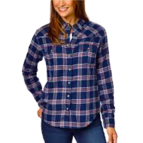 Plaid Flannel Blue Red Boys Style Jachs Girlfriend Button Down Shirt Size Large - Picture 1 of 10